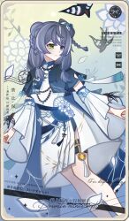  1girl absurdres adddds bird blue_eyes blue_hair braid china_dress chinese_clothes chinese_text closed_mouth double_bun dress feet_out_of_frame flower genius_invokation_tcg_(style) green_eyes grey_hair hair_bun hair_ornament heterochromia highres long_hair long_sleeves low-tied_sidelocks mole mole_under_mouth original sidelocks solo swallow_(bird) tassel thigh_strap vision_(genshin_impact) white_dress yaopei 