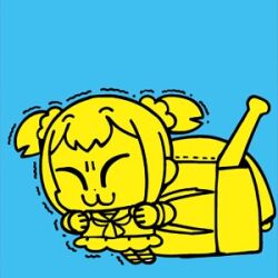  1girl :3 backpack bad_id bag bkub blue_background chibi chibi_only closed_eyes closed_mouth dot_nose full_body heavy long_sleeves lowres monochrome neckerchief poptepipic popuko sailor_collar school_uniform serafuku shirt shoes short_hair short_twintails sidelocks simple_background skirt socks solo standing struggling trembling twintails yellow_theme 