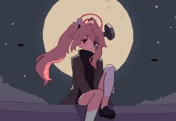  1girl absurdres ahoge bandaged_leg bandages black_shirt black_shoes blue_archive brown_jacket closed_mouth foot_out_of_frame frankenstein's_monster_costume full_moon halo highres jacket knee_up long_hair long_sleeves looking_at_viewer moon natsu_(blue_archive) natsu_(halloween)_(blue_archive) night object_through_head official_alternate_costume open_clothes open_jacket outdoors pink_hair pink_halo pixel_art red_eyes screw_in_head shirt shoes side_ponytail sitting slmnk10124 solo 