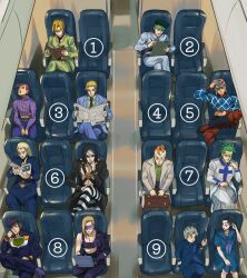  1girl 6+boys aircraft airplane airplane_interior black_hair blonde_hair book cioccolata commentary_request crossed_legs diamond_wa_kudakenai domino_mask drawing_(action) eye_mask green_hair green_shirt guido_mista hazekura_mikitaka headphones higashikata_josuke highres hirose_koichi holding holding_book holding_newspaper indoors jojo_no_kimyou_na_bouken kinoto_masazo kira_yoshikage kishibe_rohan kitsunewara long_hair looking_at_viewer looking_up mask melone meme multiple_boys newspaper pants purple_sweater reading red_eyes risotto_nero school_uniform shirt sitting skull_print smile striped_clothes striped_pants sweater vento_aureo vinegar_doppio where_are_you_sitting_(meme) white_hair yamagishi_yukako 