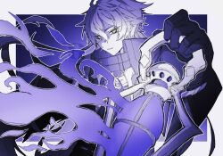  1boy coat commentary_request crossed_bangs fire flins_(genshin_impact) genshin_impact gloves hair_between_eyes highres holding holding_lantern lantern looking_at_viewer male_focus multicolored_hair parted_lips purple_theme simple_background solo suii_ii00 twitter_username upper_body yellow_eyes 