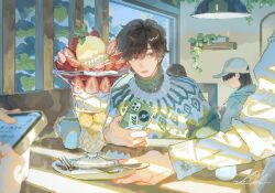  1boy cafeteria commentary_request cream cup dessert food fruit highres holding holding_phone ice_cream lamp looking_at_another male_focus original parfait people phone plant shigre spoon strawberry strawberry_parfait sweater waiter whipped_cream 