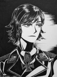  1girl black_jacket bob_cut bordfunker133 closed_mouth collar_tabs cross dress_shirt expressionless greyscale highres iron_cross jacket looking_to_the_side luftwaffe medium_hair military monochrome narrowed_eyes nazi portrait shirt shoulder_boards simple_background soldier solo swastika upper_body world_war_ii 