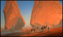 2boys absurdres ancient_egyptian animal assassin's_creed:_origins assassin's_creed_(series) bayek blue_sky boulder camel commentary dark_skin desert english_commentary facing_viewer highres landscape mountain multiple_boys outdoors painterly raphael-lacoste sand scenery sky sunlight walking white_hood 