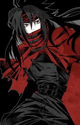  1boy belt black_background black_hair black_jacket black_pants cape cloak closed_mouth commentary_request cowboy_shot final_fantasy final_fantasy_vii hair_between_eyes headband highres inu45451 jacket long_hair looking_at_viewer male_focus multiple_belts pants red_cape red_cloak red_eyes red_headband solo spiky_hair vincent_valentine 
