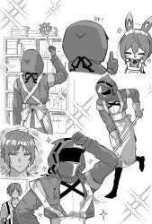  1boy 1girl 1other alternate_costume ambiguous_gender amiya_(arknights) animal_ears apron arknights arm_up blush blush_stickers broom chibi closed_eyes closed_mouth commentary_request dark-skinned_male dark_skin doctor_(arknights) duster enmaided flower frilled_apron frills gloves greyscale highres hishoti_cheese holding hood hood_up hooded_coat hooded_jacket jacket long_sleeves maid maid_apron maid_headdress monochrome multiple_views open_clothes open_jacket rabbit_ears rabbit_girl shirt smile sparkle thorns_(arknights) thumbs_up 