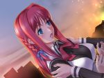  blue_eyes blush braid breasts dutch_angle evening fire game_cg hands_on_shoulders majodou open_mouth pink_hair red_hair redhead sano_toshihide toshihide_sano 