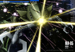  1980s_(style) 1990s_(style) a_baoa_qu absurdres army artist_name asteroid battle beam_cannon bigro cable character_name energy_beam explosion firing fleet gundam gundam_perfect_file gundam_thunderbolt highres kawazoe_masakazu magazine_scan mecha mobile_armor mobile_suit_gundam muzzle_flash nebula no_humans official_art one-eyed promotional_art retro_artstyle robot scan scene_reference science_fiction space space_station star_(sky) thrusters traditional_media war weapon zeon zero_gravity 