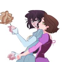  2girls black_hair blue_dress brown_hair cassandra_(tangled) commentary_request cuco_135 dress duster green_eyes head_on_another's_shoulder highres holding holding_duster hug hug_from_behind juliet_sleeves korean_commentary long_sleeves multiple_girls puffy_sleeves purple_dress rapunzel's_tangled_adventure rapunzel_(disney) short_hair tangled 