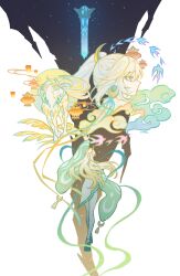  1girl absurdres bird blonde_hair chinese_commentary clouds commentary_request earrings genshin_impact highres jewelry lantern liuyun_(liuyun73492) long_hair paper_lantern ponytail solo star_(sky) swallow_(bird) white_background white_hair zibai_(genshin_impact) 