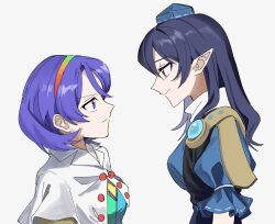  2girls black_coat blue_dress blue_hair blue_hat breasts capelet closed_mouth coat commentary dress eye_contact grey_background hairband hat highres iizunamaru_megumu long_hair looking_at_another medium_breasts multicolored_dress multicolored_hairband multiple_girls pointy_ears puffy_short_sleeves puffy_sleeves purple_hair rainbow_gradient rainbow_hairband red_eyes short_sleeves simple_background smile tenkyuu_chimata tokin_hat touhou uehara_suiyo violet_eyes white_capelet 
