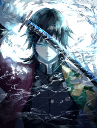  1boy black_hair black_jacket blue_eyes buttons closed_mouth commentary_request demon_slayer_uniform empty_eyes gold_buttons hair_between_eyes haori high_collar highres holding holding_sword holding_weapon jacket japanese_clothes katana kikkoumon kimetsu_no_yaiba long_hair looking_at_viewer low_ponytail male_focus ponytail print_haori red_haori solo spiky_hair sugata_(chin8751) sword sword_writing tomioka_giyuu upper_body water weapon white_background 