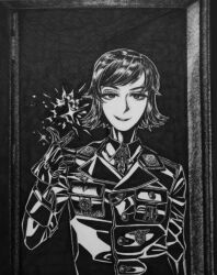  1girl bob_cut bordfunker133 breast_pocket collar_tabs cross dress_shirt genderswap genderswap_(mtf) greyscale grin hans-joachim_marseille highres iron_cross jacket leather leather_jacket looking_at_mirror looking_at_self looking_at_viewer luftwaffe marseille-chan_(bordfunker133) medal medium_hair military mirror monochrome nazi nazi_party_pin original photo_(medium) pocket real_life reichsadler shirt shoulder_boards smile smirk snapping_fingers soldier solo straight-on swastika world_war_ii 