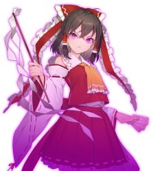  1girl ascot bow brown_hair detached_sleeves eho_(icbm) frilled_bow frilled_hair_tubes frills frown game_cg gohei hair_bow hair_tubes hakurei_reimu holding holding_gohei labyrinth_of_touhou_(series) labyrinth_of_touhou_tri long_hair non-web_source official_art possessed purple_theme red_bow red_skirt ribbon-trimmed_skirt ribbon-trimmed_sleeves ribbon_trim skirt skirt_set solo touhou transparent_background violet_eyes yellow_ascot 