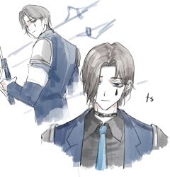  1boy black_shirt blue_eyes blue_necktie blue_vest brown_hair chanil_(muexlku) closed_mouth collared_shirt commentary_request e.g.o_(project_moon) facial_mark genderswap genderswap_(ftm) highres holding holding_sword holding_weapon korean_commentary lapels limbus_company lobotomy_corporation_(identity)_(project_moon) looking_at_viewer multiple_views necktie notched_lapels project_moon rodion_(project_moon) shirt simple_background sword teardrop_facial_mark the_sword_sharpened_with_tears_(e.g.o) vest weapon white_background 