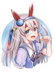  1girl absurdres animal_ears blue_eyes blue_hairband blush bow bowtie commentary_request cropped_torso ear_covers fang grey_hair hair_between_eyes hairband headband highres horse_ears horse_girl long_hair multicolored_hairband ooeyama open_mouth pointing pointing_at_self puffy_short_sleeves puffy_sleeves purple_bow purple_bowtie purple_shirt red_headband sailor_collar sailor_shirt school_uniform shirt short_sleeves smile solo striped_clothes striped_hairband tamamo_cross_(umamusume) tracen_school_uniform two-tone_hairband umamusume very_long_hair white_sailor_collar 