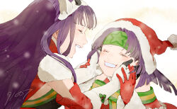  2girls 91007 altina_(fire_emblem) altina_(winter)_(fire_emblem) ancestor_and_descendant animal_ears antlers christmas closed_eyes commentary_request deer_ears facing_another fake_antlers fire_emblem fire_emblem:_radiant_dawn fire_emblem_heroes hat horns long_hair multiple_girls sanaki_kirsch_altina sanaki_kirsch_altina_(winter) santa_hat smile 