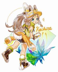  1girl :d animal_ears arm_up armlet bandaid bandaid_on_face bandaid_on_nose bandana bandana_around_neck black_boots black_shorts blue_eyes boots braid braided_sidelocks brown_hair character_name chinchilla_ears chinchilla_girl chinchilla_tail clothes_around_waist commentary_request danam_2 dark-skinned_female dark_skin eyelashes fur-trimmed_mittens fur_trim genshin_impact grass green_bandana high_ponytail highres jewelry kachina_(genshin_impact) long_hair looking_at_viewer looking_back mittens notice_lines open_mouth plant ponytail shirt short_eyebrows short_shorts shorts sidelocks simple_background sleeveless sleeveless_shirt smile solo standing tail teeth thick_eyebrows upper_teeth_only vision_(genshin_impact) visor_cap waving white_background white_mittens 