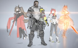  1boy 3girls absurdres akekuri_(arknights) angelina_(arknights) animal_ears arknights arknights:_endfield beard black_coat coat commentary demon_girl dog_ears dog_girl endministrator_(arknights) eyepatch facial_hair floating fox_ears fox_girl full_body gilberta_(arknights) grey_background grey_sweater gun hair_intakes handgun highres hitobashira_(1746164306) holding holding_gun holding_weapon horns laevatain_(arknights) levitation long_hair mechanical_arms metal_gear_(series) metal_gear_solid metal_gear_solid_v:_the_phantom_pain multiple_girls open_clothes open_coat prosthesis prosthetic_arm red_hair scar scar_across_eye scar_on_face single_horn single_mechanical_arm sketch sleeves_past_wrists surtr_(arknights) sweater trigger_discipline twintails venom_snake weapon 