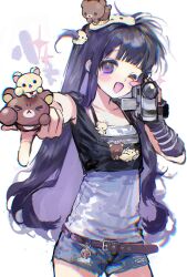  >_o 1girl ;d absurdres alternate_costume arm_warmers belt belt_charm black_shirt blush_stickers camcorder cameo camera cardcaptor_sakura chairoikoguma character_charm character_print charm_(object) chinese_commentary commentary_request cowboy_shot daidouji_tomoyo denim denim_shorts fashion heisei_retro highres holding holding_camera korilakkuma long_hair one_eye_closed one_side_up print_shirt purple_arm_warmers purple_hair rilakkuma ruffian439 san-x shirt shorts simple_background single_arm_warmer single_blush_sticker smile solo variant_set video_camera violet_eyes white_background white_shirt 