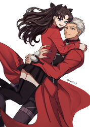  1boy 1girl :d absurdres archer_(fate) black_hair black_pants black_skirt black_thighhighs blue_eyes carrying carrying_person commentary_request dark-skinned_male dark_skin fate/stay_night fate_(series) grey_eyes highres miniskirt ohmoto_9 open_mouth pants red_shirt revision shirt skirt smile thigh-highs tohsaka_rin turtleneck turtleneck_shirt twitter_username two_side_up watermark white_hair zettai_ryouiki 