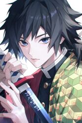  1boy black_hair black_jacket blue_eyes buttons closed_mouth commentary_request demon_slayer_uniform empty_eyes gold_buttons hair_between_eyes haori high_collar highres holding holding_sword holding_weapon jacket japanese_clothes katana kikkoumon kimetsu_no_yaiba long_hair looking_at_viewer low_ponytail male_focus ponytail print_haori red_haori simple_background solo spiky_hair sword sword_writing tomioka_giyuu upper_body urr_gy weapon white_background 