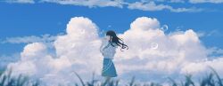  1girl absurdres aqua_neckerchief aqua_sailor_collar aqua_skirt black_hair blowing_bubbles blue_sky blurry blurry_foreground bubble clouds cloudy_sky commentary_request depth_of_field feet_out_of_frame floating_hair from_side hand_up highres holding long_hair neckerchief original outdoors pleated_skirt profile sailor_collar scenery school_uniform serafuku shion_08 shirt short_sleeves skirt sky sky_focus solo standing summer summer_uniform white_shirt 