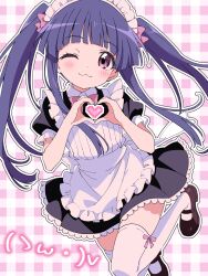  1girl ;3 alternate_hairstyle apron arched_bangs black_dress black_shoes blunt_bangs blush bow bowtie closed_mouth collared_dress commentary dress emoticon enmaided frilled_apron frills furude_rika gingham_background heart heart_hands heart_in_heart_hands highres higurashi_no_naku_koro_ni long_hair long_sidelocks looking_at_viewer maid maid_headdress mary_janes niyane one_eye_closed pink_bow pink_bowtie puffy_short_sleeves puffy_sleeves purple_hair shoes short_dress short_sleeves sidelocks smile solo thigh-highs twintails twintails_day violet_eyes white_apron white_thighhighs 