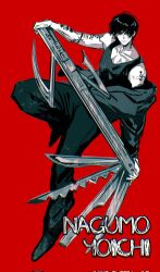  1boy arm_tattoo black_pants character_name clothes_down hashtag-only_commentary highres holding holding_weapon male_focus momoyoru1 nagumo_(sakamoto_days) pants red_background sakamoto_days short_hair simple_background solo tank_top tattoo weapon 