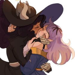  2girls amity_blight black_dress black_hair black_hat blue_dress brown_hair closed_eyes commentary dark-skinned_female dark_skin dress english_commentary hat highres horns kiss kissing_cheek long_hair luz_noceda luz_noceda_(titan) multicolored_hair multiple_girls purple_hair realyskp roots_(hair) smile the_owl_house witch_hat yuri 