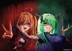  2girls absurdres ahoge antler_ribbon antlers black_bow black_choker black_hair black_ribbon black_shirt black_sweater bow breasts ceres_fauna cheek_squash choker eye_trail green_hair hair_between_eyes hair_bow hair_branch hair_ornament hair_over_one_eye hair_ribbon hairclip hand_on_another's_cheek hand_on_another's_face highres hololive hololive_english horn_ornament horn_ribbon horns horse_girl lace lace_sleeves large_breasts layered_sleeves light_trail long_hair long_sleeves looking_at_viewer medium_breasts mole mole_under_eye multicolored_hair multiple_girls o-ring o-ring_choker one_side_up open_mouth parted_lips purple_shirt reaching reaching_towards_viewer red_eyes red_sweater ribbon shirt short_over_long_sleeves short_sleeves smile streaked_hair striped_clothes striped_sweater sweater tongue tongue_out tree_horns twitter_username two-tone_sweater very_long_hair vest virtual_youtuber white_hair yellow_eyes yioyiot_art 