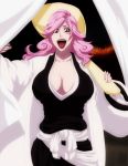  artist_request bleach breasts cleavage curtains haori hikifune_kirio huge_breasts japanese_clothes lipstick makeup mole pink_hair smile solo utensil 