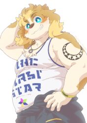  1boy animal_ears arm_tattoo arm_up blue_eyes blush clothes_around_waist colored_tips commentary_request dog_boy dog_ears floppy_ears furry furry_male grin hand_on_own_head highres hisaki_(live_a_hero) jacket jacket_around_waist live_a_hero looking_at_viewer male_focus multicolored_hair ottyo_kope smile tank_top tattoo white_background white_tank_top 