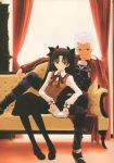  black_hair blue_eyes book couch crazy_clover_club fate/stay_night fate_(series) highres long_hair pantyhose shirotsumekusa sitting sofa tohsaka_rin toosaka_rin white_hair window 