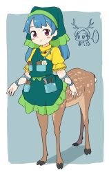  ... 2girls antlers apron arm_ribbon blue_background blue_hair blue_ribbon blush border caliper centauroid chibi chibi_inset commentary_request deer full_body green_apron green_headscarf haniyasushin_keiki headscarf highres horns itatatata jewelry kicchou_yachie light_frown long_hair magatama magatama_necklace multiple_girls necklace pocket red_eyes ribbon shirt short_sleeves spoken_ellipsis taur tools touhou white_border yellow_shirt 