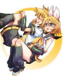  animal_ears blonde_hair blue_eyes brother_and_sister closed_eyes detached_sleeves headphones kagamine_len kagamine_rin nisehoya rabbit_ears ribbon short_hair siblings twins vocaloid 