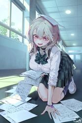  1girl all_fours artist_logo artist_name black_choker blonde_hair blush bow bowtie breasts ceiling ceiling_light choker collared_shirt commentary_request day double-parted_bangs fallen_down full_body green_bow green_bowtie green_skirt hallway highres holding holding_paper indoors large_breasts logo long_hair long_sleeves open_mouth original paper paper_stack pink_hair pleated_skirt school_uniform shirt shoes skirt sleeves_rolled_up smile sneakers solo sweat syuri22 vanishing_point white_shirt white_shoes window_shadow wing_collar 