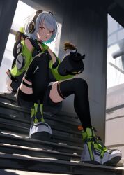  1girl anby_demara burger hamburger looking_at_viewer short_hair sitting zenless_zone_zero 