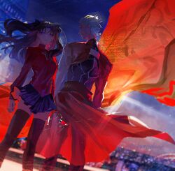  1boy 1girl archer_(fate) black_hair blue_eyes breasts clenched_hand closed_mouth command_spell fate/stay_night fate_(series) floating_hair gem highres jewelry long_hair looking_at_viewer miniskirt night pendant red_gem red_shirt shirt skirt standing tohsaka_rin turtleneck two_side_up ubwmitekure very_long_hair white_hair zettai_ryouiki 
