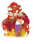  cleavage corset earrings fingernails grandia grandia_ii hair_ornament highres jewelry kanoe_youshi long_fingernails long_sleeves marker_(medium) millenia nail_polish official_art red_hair redhead see-through traditional_media 