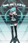  aqua_hair boots cosplay detached_sleeves fingerless_gloves gloves hatsune_miku hatsune_miku_(cosplay) heart heart_hands kaname_nagi kooh long_hair navel pangya red_eyes solo thigh-highs thigh_boots thighhighs twintails vocaloid wink zettai_ryouiki 