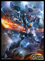  absurdres asteroid axe battle commentary_request company_name copyright_logo copyright_notice exhaust flying full_body gquuuuuux green_eyes gundam gundam_card_game gundam_gquuuuuux heat_hawk highres holding holding_axe holding_weapon lens_flare logo mecha mecha_focus mobile_suit no_humans official_art police_zaku raruru robot science_fiction slashing solo_focus space sparks sunrise_(company) v-fin weapon zaku_ii 