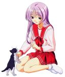  cat himekawa_kotone kneeling purple_eyes purple_hair school_uniform serafuku to_heart violet_eyes 