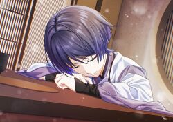  1boy absurdres arm_rest armor blunt_ends closed_eyes closed_mouth clothing_cutout commentary_request cup eyelashes eyeliner facing_down genshin_impact grey_hair head_rest highres indoors japanese_armor japanese_clothes kariginu kimono kotatsu kote kurokote layered_sleeves light_particles long_sleeves makeup male_focus nezumi0814 purple_kimono purple_sleeves red_eyeliner scaramouche_(genshin_impact) scaramouche_(kabukimono)_(genshin_impact) shoulder_cutout sleeping sliding_doors smile solo string table white_sleeves window wispy_bangs yunomi 