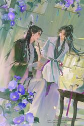  1girl 3boys :d adam's_apple architecture arms_behind_back black_hair blue_flower chinese_clothes copyright_logo copyright_name curtained_hair double_bun dutch_angle east_asian_architecture flower from_below furisode_sleeves glint green_hanfu green_ribbon hair_bun hair_ribbon half_updo hand_fan hanfu highres holding holding_fan holding_paper ikebana layered_sleeves light_particles logo long_hair long_sleeves looking_at_another luo_binghe male_focus ming_fan morning_glory multiple_boys ning_yingying official_art paper paper_fan parted_bangs pink_ribbon ponytail renzha_fanpai_zijiu_xitong ribbon ribboned_xiao_guan shen_qingqiu sidelocks single_hair_bun sitting smile standing table tassel temple trellis twintails v-shaped_eyebrows vase wavy_hair white_hanfu wide_sleeves wooden_floor wooden_table 