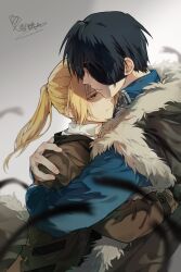  2boys amestris_military_uniform black_hair blindfold blonde_hair brown_jacket cape closed_mouth coat edward_elric fullmetal_alchemist fur-trimmed_cape fur_trim highres hug jacket multiple_boys ponytail roy_mustang sad shirt signature simple_background upper_body white_background white_shirt xue_ezi yellow_eyes 