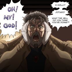  1boy absurdres beard brown_jacket commentary english_commentary english_text facial_hair gloves green_eyes grey_hair highres jacket jojo_no_kimyou_na_bouken joseph_joestar joseph_joestar_(old) looking_at_viewer open_clothes open_jacket open_mouth peppr_n'_salt solo speech_bubble surprised teeth white_gloves 