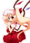  :o ascot blonde_hair flandre_scarlet hands_on_own_chest hat highres long_hair midriff navel red_eyes shirogane side_ponytail simple_background skirt skirt_set solo touhou very_long_hair wings 