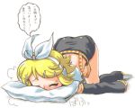  armwarmers blonde_hair closed_eyes hair_ornament hairclip kagamine_rin lowres manji_taba pillow pillows shorts top-down_bottom-up translated vocaloid 