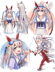  1other 2girls absurdres ahoge animal_ears blue_eyes blue_hairband blush bow bowtie carrot carrot_on_stick closed_mouth commentary_request cropped_torso dot_mouth ear_covers ear_ornament fang fishing_rod grey_hair grey_tail hair_between_eyes hair_ornament hairband headband headpat highres holding holding_carrot holding_fishing_rod horse_ears horse_girl horse_tail jacket long_hair multicolored_hair multicolored_hairband multiple_girls oguri_cap_(umamusume) on_shoulder ooeyama open_mouth pants pleated_skirt pointing pointing_at_self ponytail puffy_short_sleeves puffy_sleeves purple_bow purple_bowtie purple_shirt red_headband red_jacket red_pants red_track_suit running sailor_collar sailor_shirt school_uniform shirt shoes short_sleeves simple_background skirt smile socks striped_clothes striped_hairband sweat sweatdrop tail tamamo_cross_(umamusume) tracen_school_uniform tracen_training_uniform track_jacket track_pants track_suit two-tone_hairband umamusume very_long_hair white_background white_sailor_collar white_shirt white_skirt white_socks 